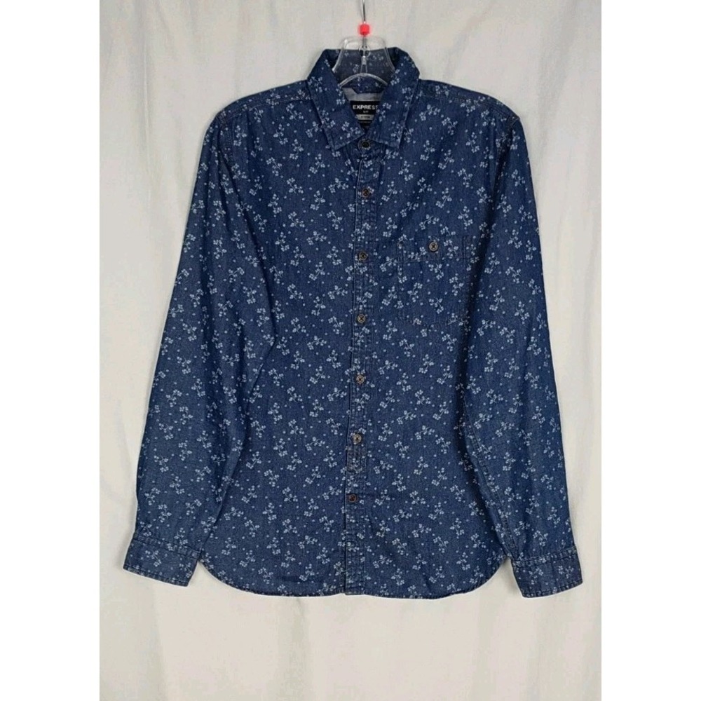 Express Button Up Shirt Mens Casual Blue Floral Print Sz Slim S/P Fitted